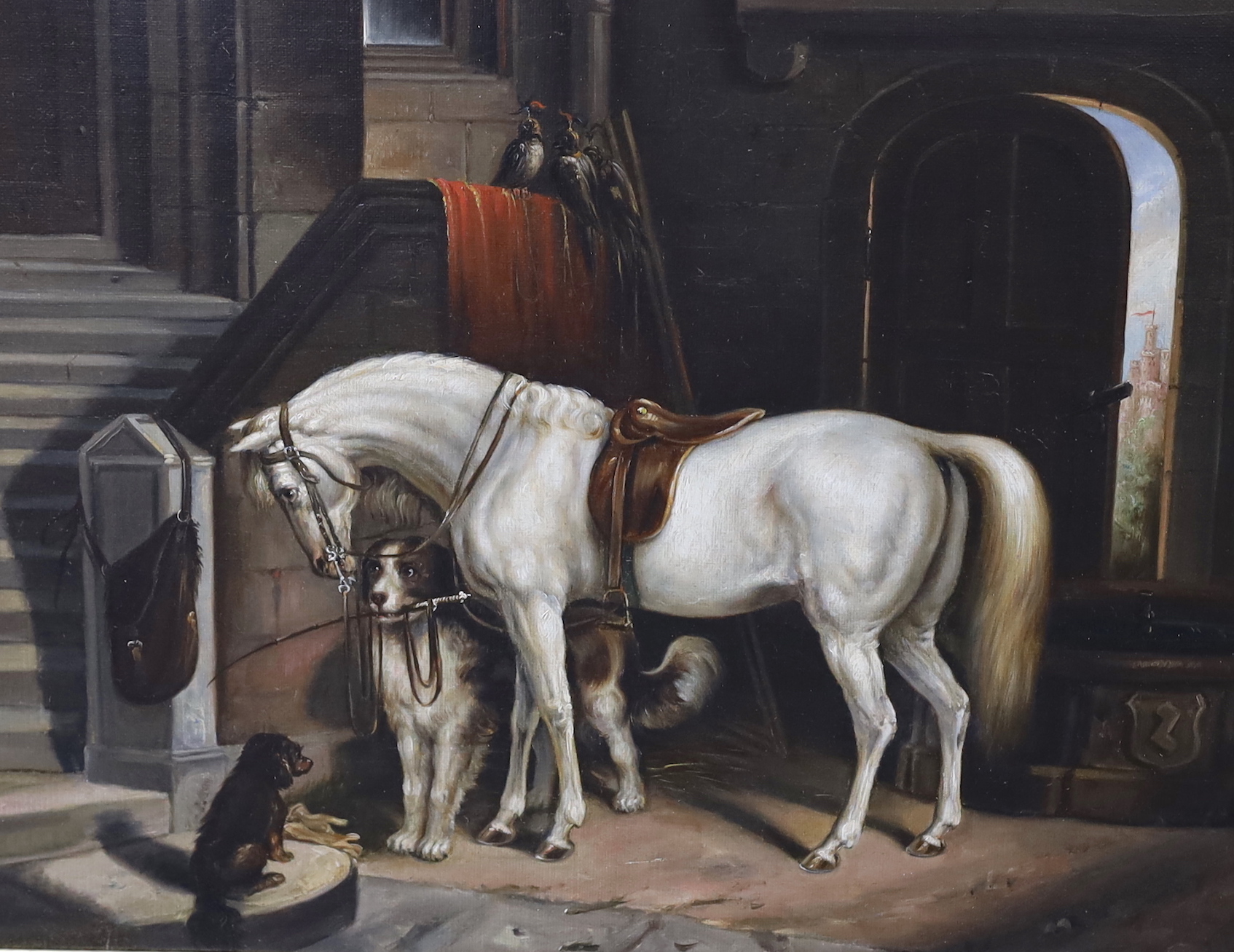 After John Frederick Herring (1795-1865) oil on canvas, mare and hounds in stable interior, 42cm x 34cm